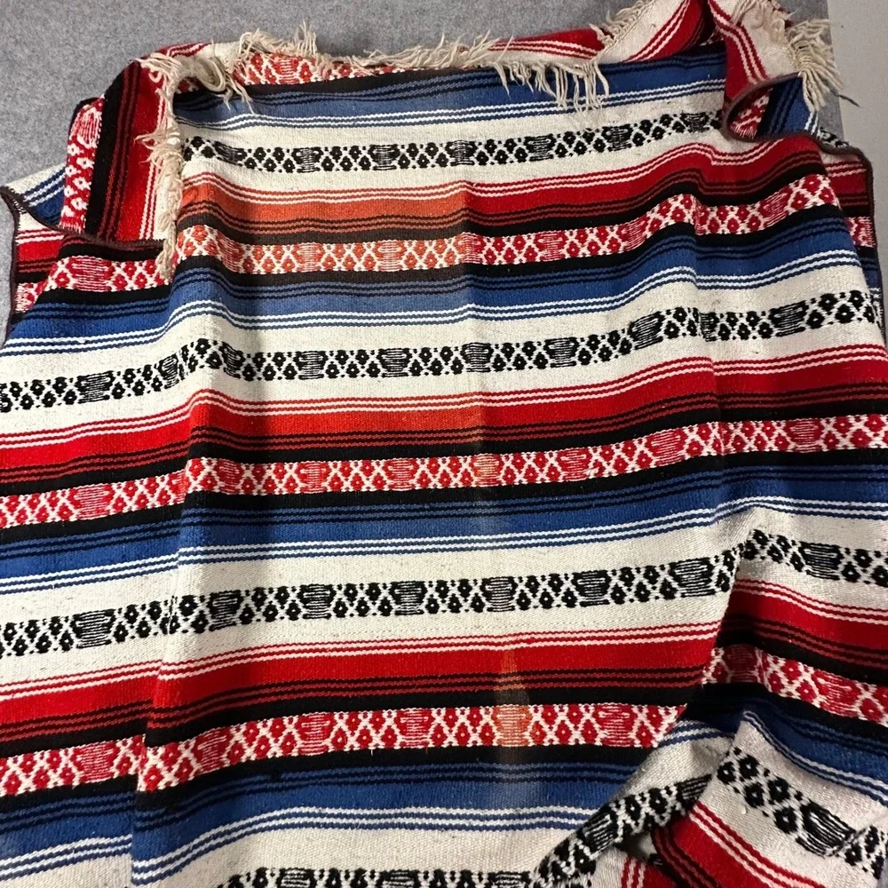 Mexican Serape Blanket 83x51 Multicolor Falsa Stripe Fringe Picnic Travel
